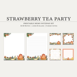 Può includere: Set di blocchi note stampabili a tema festa del tè alla fragola. Il set include due pagine vuote, due pagine a righe e quattro note memo. Le note memo presentano una teiera, fragole e limoni.
