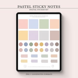 Pode incluir: Um conjunto de adesivos digitais com notas adesivas, círculos e fita washi em cores pastel. O conjunto inclui uma variedade de cores, como rosa, azul, verde, amarelo e marrom. O texto "PASTEL STICKY NOTE STICKER SET" é exibido na parte superior da imagem. O texto "PNG + GOODNOTES FORMATS" é exibido na parte inferior da imagem.