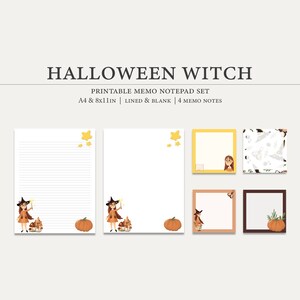 Può includere: Set di blocchi note stampabili con la strega di Halloween con pagine a righe e vuote. Il set include quattro note memo con un design di strega, zucca e stelle. Il testo sulla pagina dice "Halloween Witch Printable Memo Notepad Set A4 & 8x11in | Lined & Blank | 4 Memo Notes"