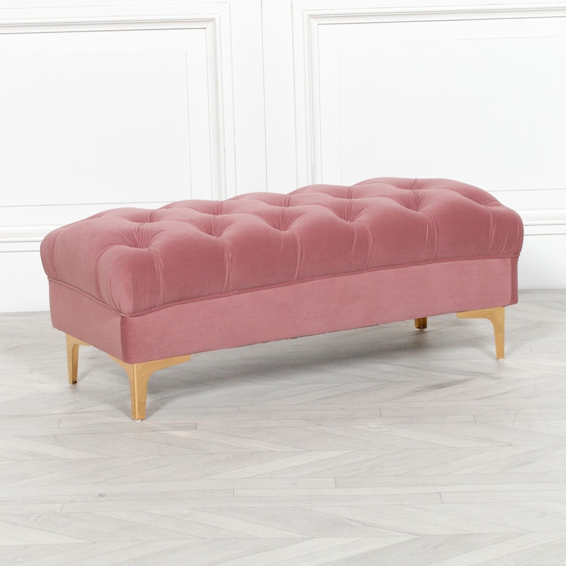 Pink Soft Velvet Buttoned Ottoman Stool With Gold Legs Etsy
