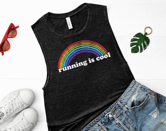 Best Seller • Running Is Cool Rainbow • Retro Graphic Muscle Tee • Fun Run Track Club • Ladies’ Muscle Tank Top