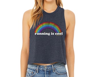 NEW FIT! • Running Is Cool Rainbow • Retro Graphic Crop Tank • Fun Run Track Club • Ladies’ Racerback Cropped Tank