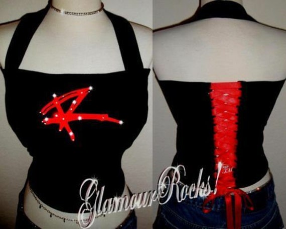 Def Leppard Concert Band Rhinestone Crystal Corset Halter Shirt Tee Top