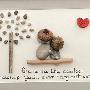 PEBBLE ART, "Grandma.. the coolest grownup..", 5" x 7"  black frame, gray matting grandma, grandchild, unconditional love, quality time,