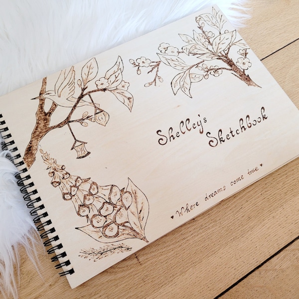 Personalised sketchbook with wooden cover - Magical garden design