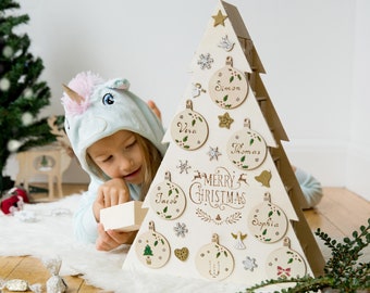 Refillable wooden tree shaped Christmas advent calendar -  family advent calendar with baubles, wooden Christmas shapes and twinkly lights