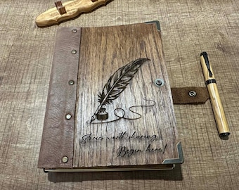 Handmade Personalized Leather Journal with Wooden Cover, Rustic Custom Notebook, Laser Engraved Gift, Sketchbook for Artists, Ship via DHL