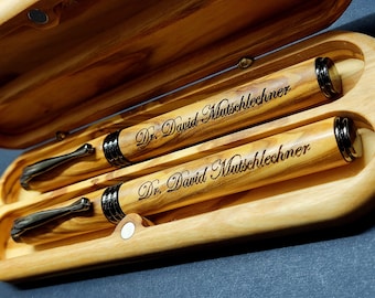 Engraved Olive Wood Pen Set, Fountain Pen and Ballpoint, Personalized Gift