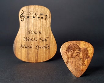 Custom Guitar Pick - Pick Holder - Engraved Pick with Photo and Message - Unique Gift for Guitarist -Handmade Wooden Pick Box - Ship via DHL