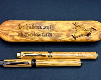 Pilot Gift Set - Personalized Olive Wood Fountain Pen & Rollerball Pen in Magnetic Wooden Box - Custom Engraved Fighter Jet Retirement Gift