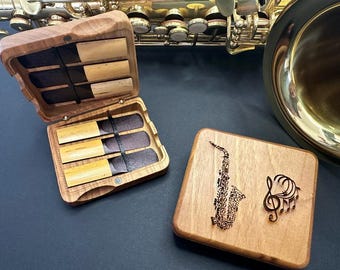 Saxophone Reed Storage Box from Walnut Wood - Ideal Personalized Gift for Saxophonist Players - For Alto and Soprano Reeds