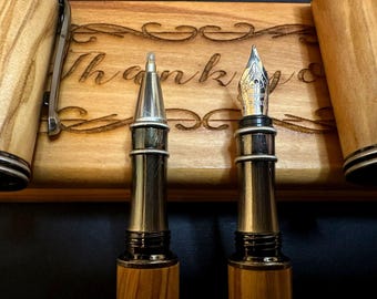 Personalized Olive Wood Fountain Pen & Ballpoint Set – Handcrafted Wooden set Gift with Engraved Case – Luxury Executive Desk Gift for Men