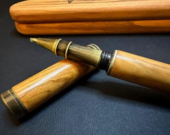 Personalized Olive Wood Pen with Wooden Case – Engraved Wooden Pen Gift – Handmade Bronze Pen – Custom Gift for Writer, Artist, Office Desk