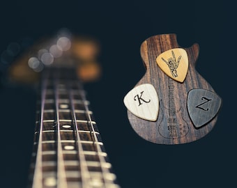 Bass Player Gift, Personalized Bass Pick Case, Wooden Luxury Handmade Pick Box, 3 Custom Wooden Picks For Bass, Engrave Text Logo or Photo