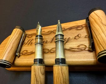 Handcrafted Olive Wood Fountain Pen & Ballpoint Set – Personalized Luxury Pen Gift with Engraved Wooden Case – Executive Desk Accessory