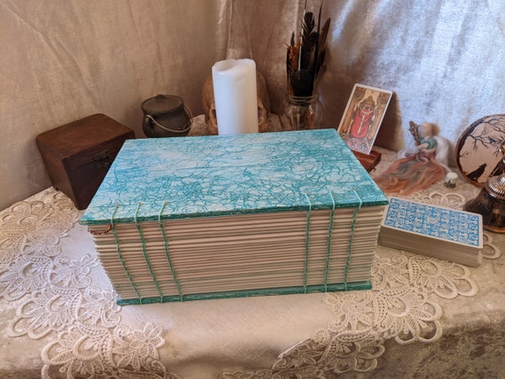 Handmade Amazonite Grimoire : Blank Book of Shadows with Copper Key and Crystals