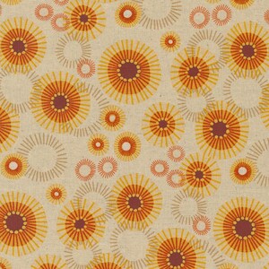 May include: A repeating pattern of stylized sunburst designs in shades of yellow, orange, and maroon on a beige background. The design features concentric circles and radial lines, creating a retro, geometric aesthetic. The fabric has a textured appearance.