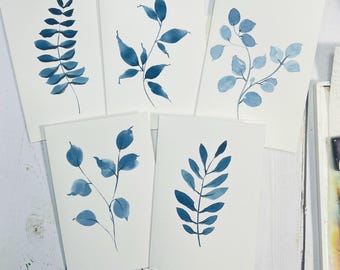 Hand-Painted Blue Botanical Watercolor Cards | 5 Original Art Greeting Cards (4x6)