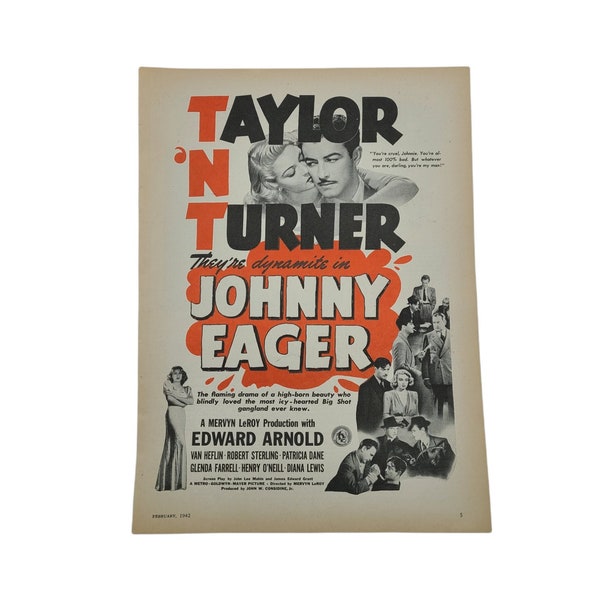 Movie Ad for "Johnny Eager" starring Robert Taylor and Lana Turner, Original 1940s vintage magazine ad, Frame and display, Gift idea, decor