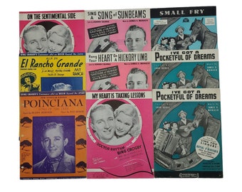 Bing Crosby Sheet Music - Choice of 9 pieces of vintage music 1930's. Wall art, interior decor, Music playing, Old paper, ephemera