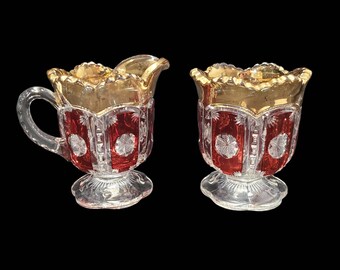 Ruby Flash Cream & Sugar Set United States Glass Company No. 15135 Flower Fan/Snowflower Introduced 1911 Holiday Tea Holiday Table Set