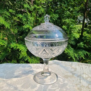 EAPG Covered Glass Compote Cut Glass Diamond Pattern Grand Series (Diamond Medallion) by Bryce, Higbee & Co Circa 1880s Rare Crystal Compote