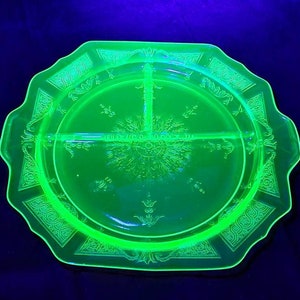 Anchor Hocking Princess Pattern 1930s Green Depression Glass Divided Plate with Handles Grill Plate Uranium Glass Glowing Green Glass