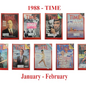 以下が含まれることがあります： 1988年1月と2月のタイム誌の表紙9枚のコレクション。表紙には、ミハイル・ゴルバチョフ、1968年オリンピック、冬季オリンピックなど、さまざまな人物やイベントが掲載されています。