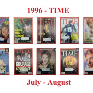 May include: A collection of ten TIME magazine covers from July and August 1996. The covers feature various news stories, including the Summer Olympics, the Atlanta bombing, and the death of Princess Diana.