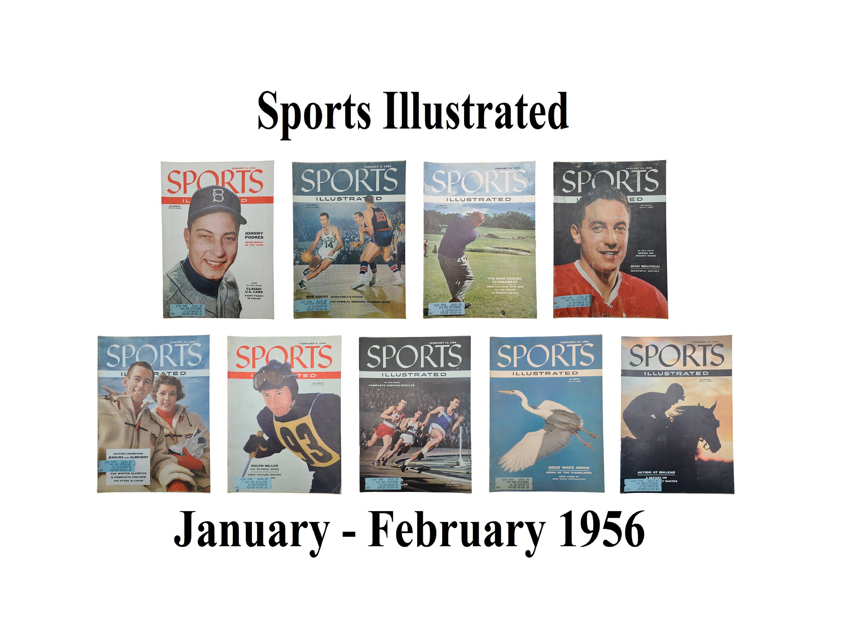 Sports Illustrated Magazines 1956 Jan-Feb, Baseball, Basketball, Golf, Hockey, Figure Skating, Skiing, Track and Field, Birds, Horse race
