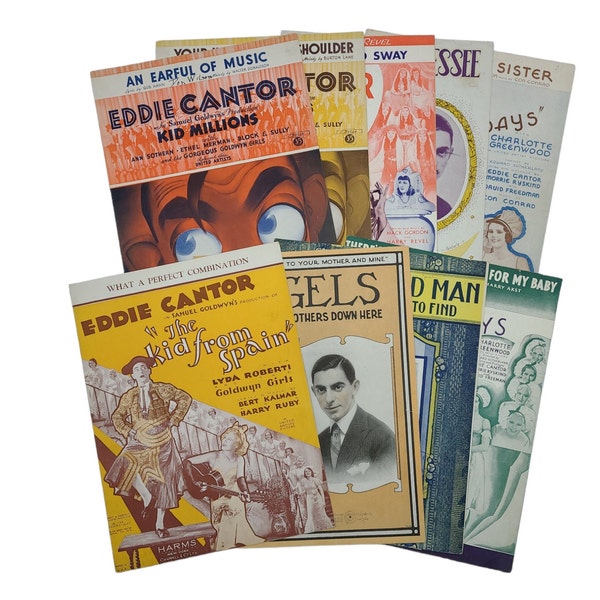 Eddie Cantor Sheet Music - Choice of pieces of vintage music 1920's - 1930's. Wall art, interior decor, Music playing, Old paper, ephemera