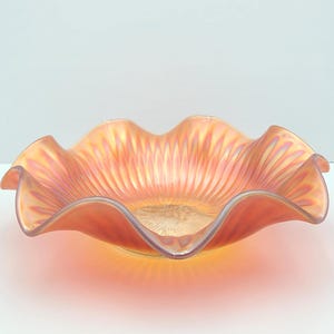Antique Signed Northwood Marigold Stippled/Smooth Rays Carnival Glass Bowl With Ruffled Edges Ribbed Sides Collectible Carnival Glass