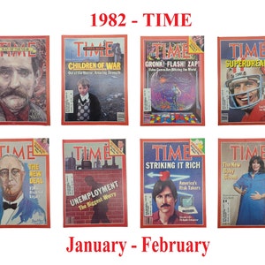 May include: A collection of eight TIME magazine covers from January and February 1982. The covers feature various people and events, including the "Man of the Year", "Children of War", "Gronk! Flash! Zap!" (video games), "Superdreams", "The New Deal", "Unemployment", "Striking It Rich", and "The New Baby Boom".