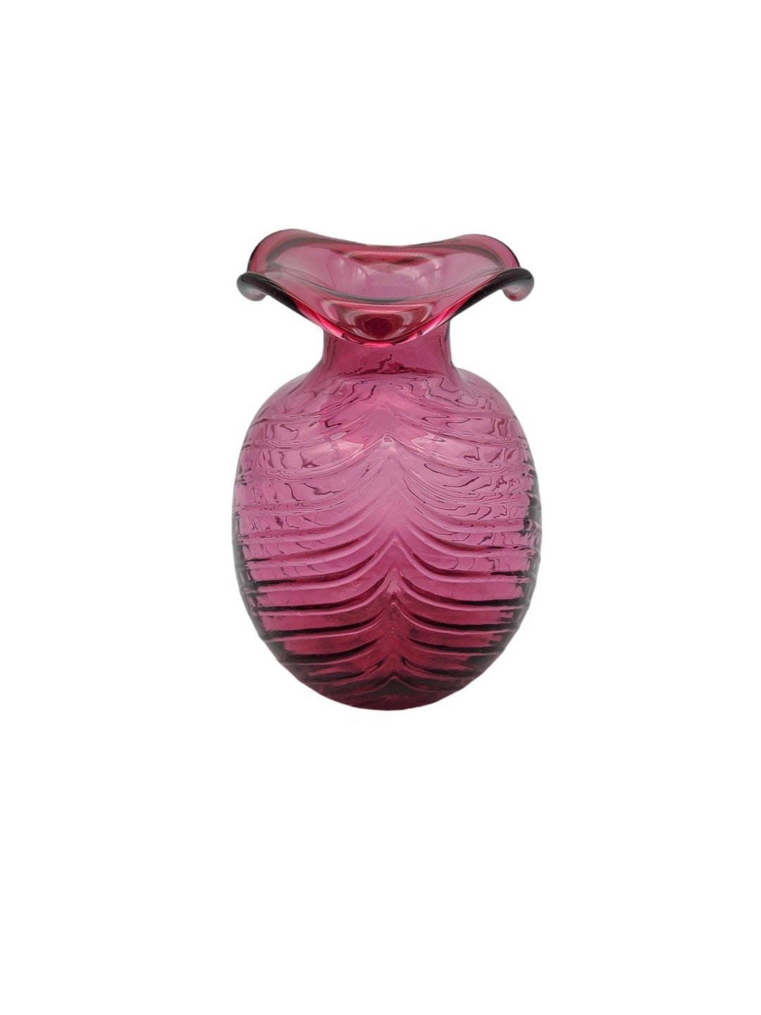 Large Hand Blown Cranberry Glass Bulbous Vase Ribbed Pattern Fluted