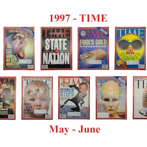 Puede incluir: Una colección de portadas de la revista TIME de mayo y junio de 1997. Las portadas presentan diversos temas, como la adicción, el estado de la nación, el oro de los tontos, el verano fresco, cómo se desarrolla el cerebro de un niño, observar sus pasos, los archivos de Roswell y el gran tabaco recibe un golpe.