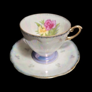 Iridescent Pink & Yellow Floral Teacup with Purple Accents Stamped Japan Vintage Teacups Collectible Teacups Drinkware Unique Teacups