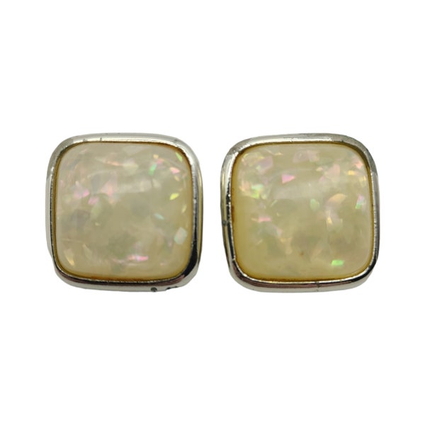 Coro Vintage Clip On Earrings Square Mother of Pearl and Silver Tone Earrings Retro Jewelry Vintage Accessories 1960s Costume Jewelry