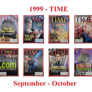 Puede incluir: Una colección de nueve portadas de la revista TIME de septiembre y octubre de 1999. Las portadas presentan diversos temas, como el "gen del CI", "La magia de Harry Potter", "Líderes para el siglo XXI", "GetRich.com", "La solución láser", "Steve's Jobs" y "Green Business".