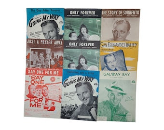 Bing Crosby Sheet Music - Choice of 9 pieces of vintage music 1940's - 1950's. Wall art, interior decor, Music playing, Old paper, ephemera