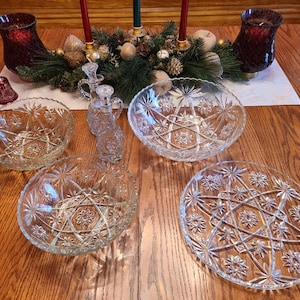 Anchor Hocking Table Set Bowls/Platter/Cruets Early American Prescut Star of David Starbursts Cut Glass Holiday Tableware Vintage Kitchen