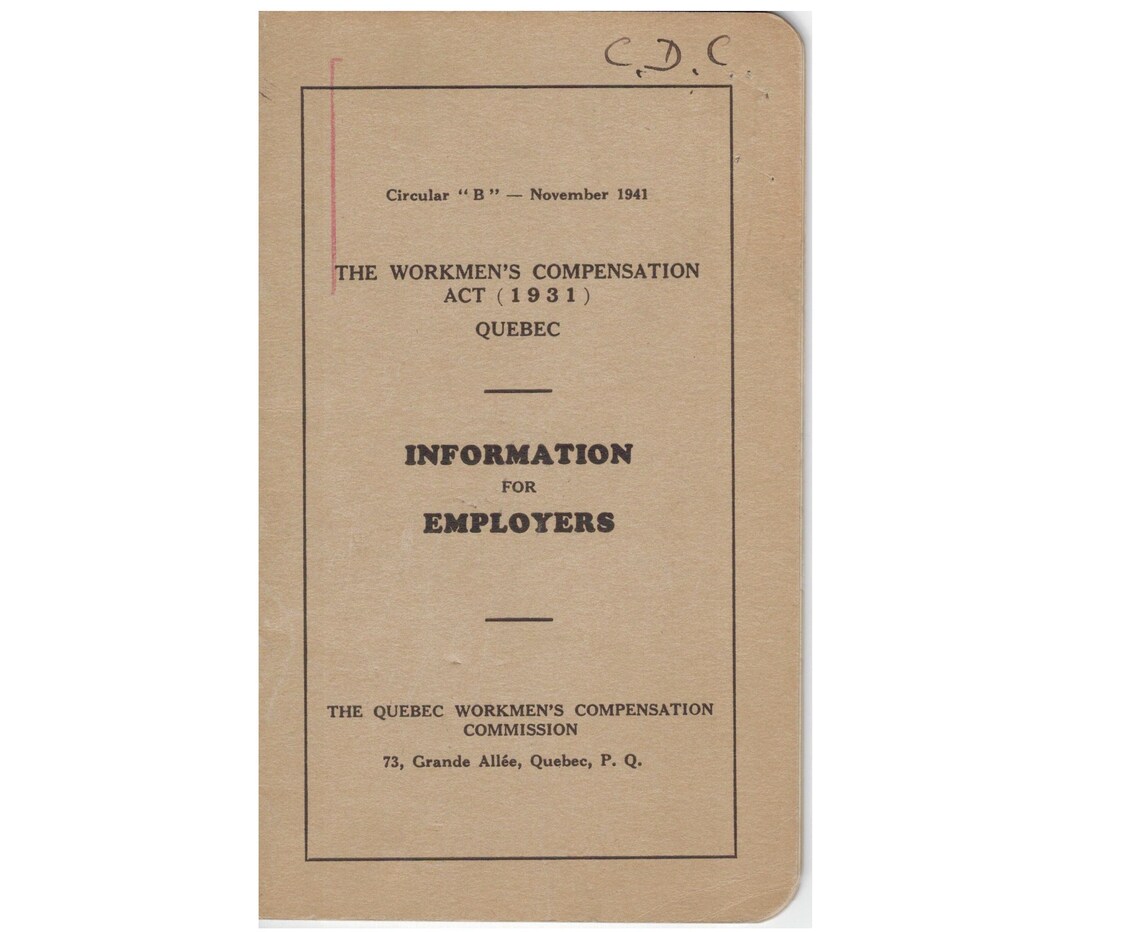 Workers Compensation Act Quebec Table of Rates 1931. Written Etsy Canada