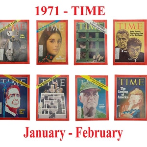 以下が含まれることがあります： 1971年1月と2月のタイム誌の表紙8枚のコレクション。表紙には、さまざまな人物や出来事が掲載されています。中には、「今年の男」ウィリー・メイズ、「未来は今」アリ・マックグロー、「米国の刑務所：犯罪のための学校」、「反逆の司祭：ベリガン家の奇妙な事件」、「ニクソンと議会」、「福祉の迷宮」、「戦争：父親を取り戻すためにヨーロッパへ行くのか？」、「アメリカの冷却」などがあります。
