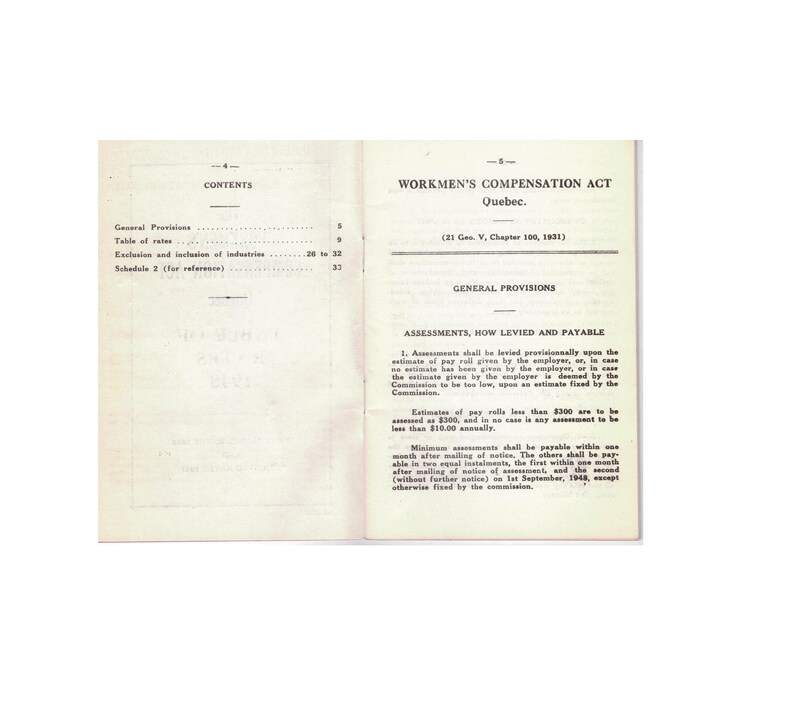 Workers Compensation Act Quebec Table of Rates 1948. Written Etsy Canada