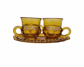 Vintage Amber Glass Cream and Sugar Set with Matching Tray King's Crown Pattern Indiana Glass 1960s Glassware