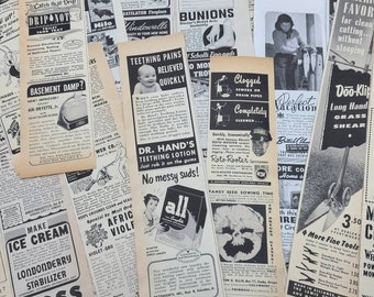 Advertising clippings from 1940s magazines. Original assorted product ad strips, 20 random strips per pack, craft supplies, vintage