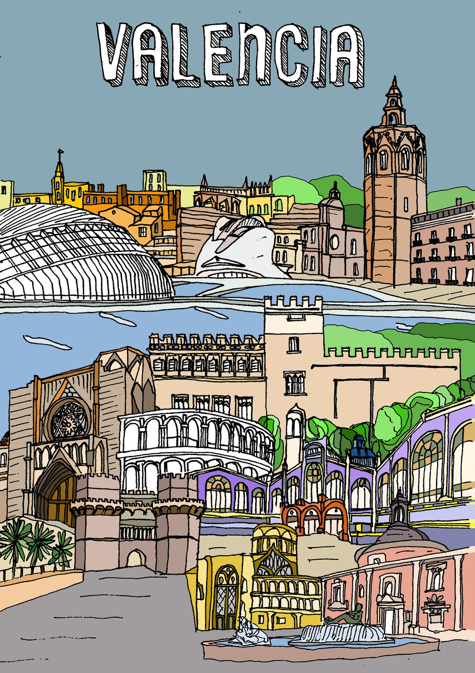 Valencia Spain. Hand Drawn Illustration. Etsy