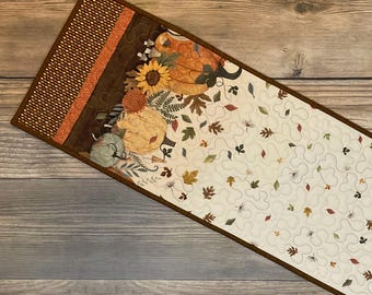 Quilted Autumn Homestead Long Narrow Fall Table Runner, 46" x 12"