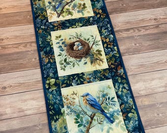 Quilted Long Bluebird Awakening Wallhanging with Hanger, 37" x 14"