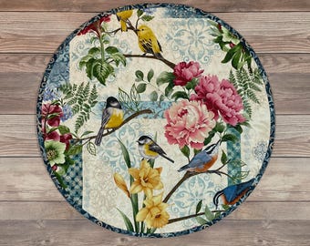 Circular Quilted Reversible Garden Symphony Table Center, 19.5"
