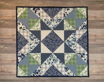 Quilted Broken Nine-Patch Table Topper / Wallhanging with Nantucket Summer Fabric, 24" square